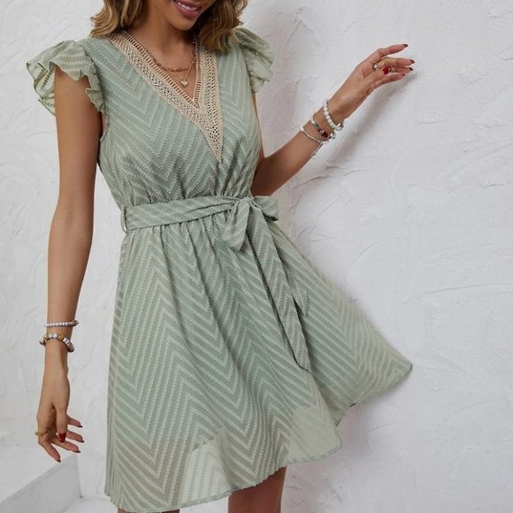 . Dresses & Skirts - Green Preppy Womens Guipure Lace Panel Butterfly Sleeve Belted Dress